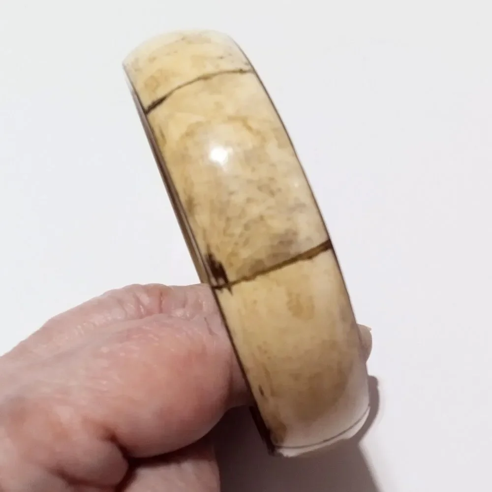 Vintage Brass Inlay Cream Organic Material Bangle Bracelet Boho
